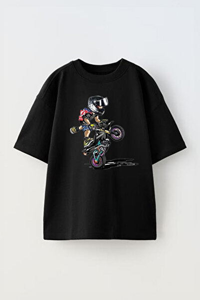 THEWERT Biker Design Štampano Unisex Pamuk Oversize kroj T-shirt - Crna
