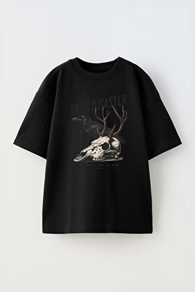 THEWERT Unisex crna Oversize kroj T-shirt - Lopatica, jelen i vrana Štampano