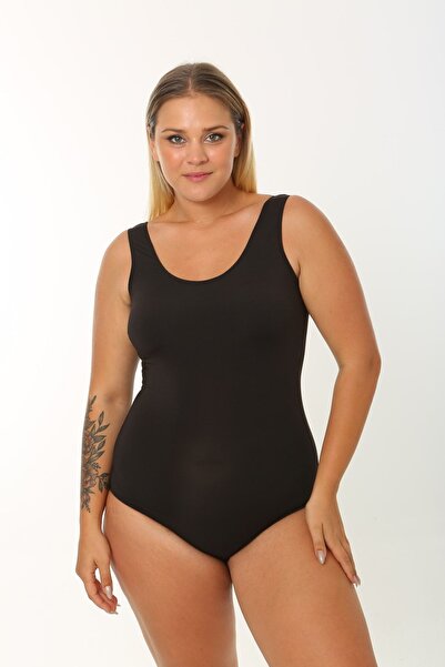 Swana Plus Size Wide Strap Black Compact Women's Swimsuit