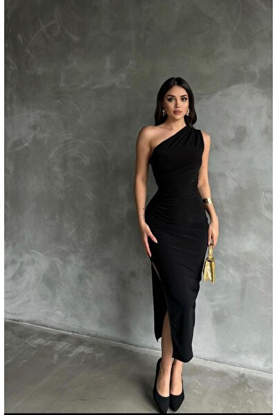 my bestt butik Kadın Elbise Tek Omuz Yırtmaç Detaylı Drapeli Dalgıç Elbise