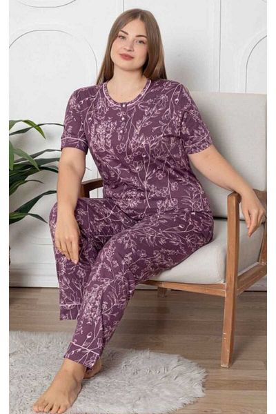 Freeista Plus Size Floral Patterned Plum Pajama Set - Free07