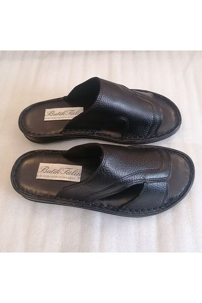 Butik Tülin Black Unisex Genuine Calf Leather - Wide Band, Soft Stitching, Polyurethane Non-Slip Sole Slippers