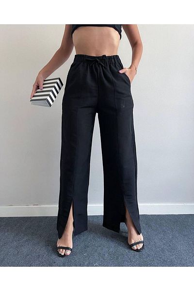 LoremLavida Lavida New Season Wide Leg Slit Detailed Women's Linen Trousers with Pockets