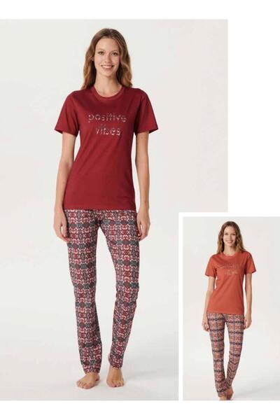 İpek Women's Short Sleeve Pajama Set-Burgundy