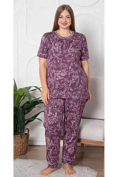Freeista Plus Size Floral Patterned Plum Pajama Set - Free07