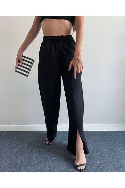 LoremLavida Lavida New Season Wide Leg Slit Detailed Women's Linen Trousers with Pockets