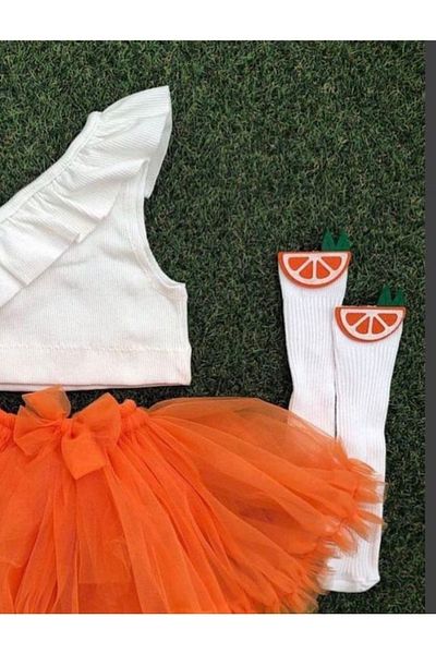 Kokosh kidss Girl's Orange Tutu Crop and Socks Set