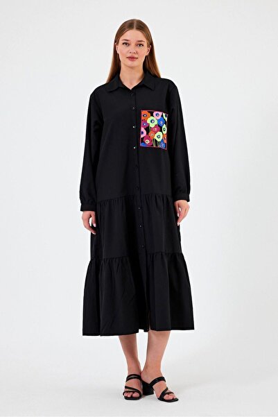 SEEMORE TEKSTİL Kadın Siyah Renk Göğüs Cep Kısmı Işlemeli,etek Yanlarında Cep Detaylı Elbise