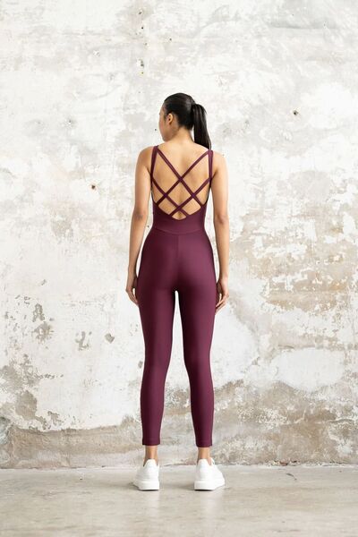 lismina Mürdüm Rengi Çift Çapraz İp Detaylı Spor Tayt Tulum