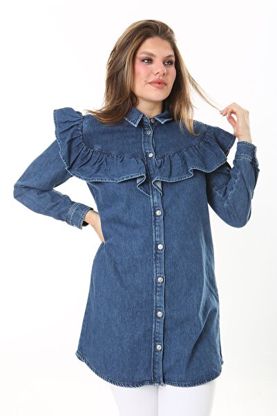 Şans Women's Large Size Navy Blue Flywheel Detailed Front Buttoned Denim Tunic 65N37891