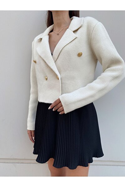 Puella Γυναικεία Ζακέτα με χρυσό κουμπιά Basic Knitwear Crop Cardigan Blazer Jacket Cardigan