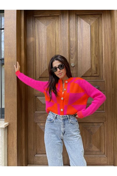 Puella Cardigan de damă roz portocaliu în formă geometrică, cu nasturi cu piatră