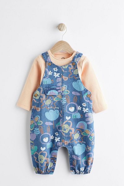 Next Baby Blue Orange Cotton Denim Salopet and Bodysuit Set