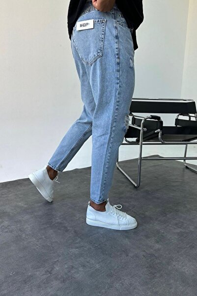 Genel Markalar Boyfriend Asit Yıkamalı Açık Mavi Taşlamalı Yırtık Detaylı Kot Pantolon