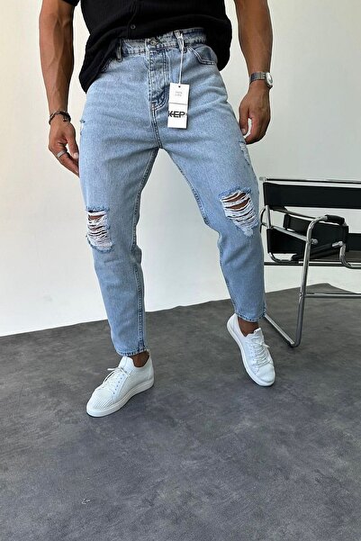 Genel Markalar Boyfriend Asit Yıkamalı Açık Mavi Taşlamalı Yırtık Detaylı Kot Pantolon