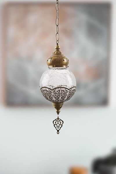 Fer Avize White Glass Single Chandelier - Dilan Ottoman Authentic Tumbled Color Living Room Kitchen Bedroom