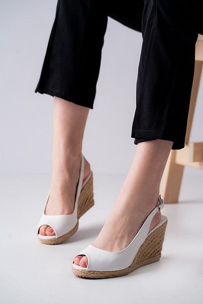 Star Tombis White Linen Straw Espadrille - Real Handmade Toe, Banded Wedge Heel, Handmade