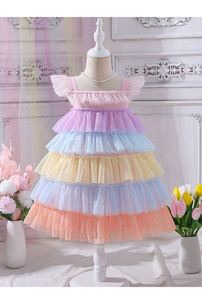 Mislina Girl Cocuk Party Special Occasion Colorful Strap Design Dress