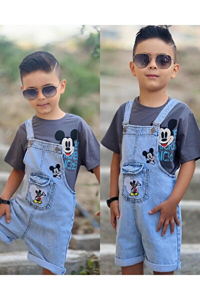 yns coolstar Unisex Micky Embroidered Summer Salopet - Cotton Denim Shorts and Overalls Set