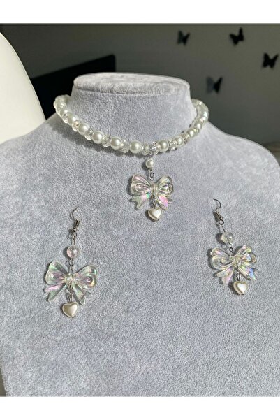 Pinky Lady Coquette incili hologramlı fiyonk kolye ve küpe seti