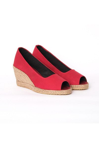Star Tombis Red Linen Straw - Handmade Open Toe Heel Shoes