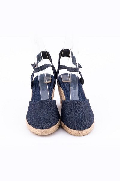 Star Tombis Espadrile din paie de in albastru - lucrare manuală reală, toc deschis, toc pană cu curele la gleznă