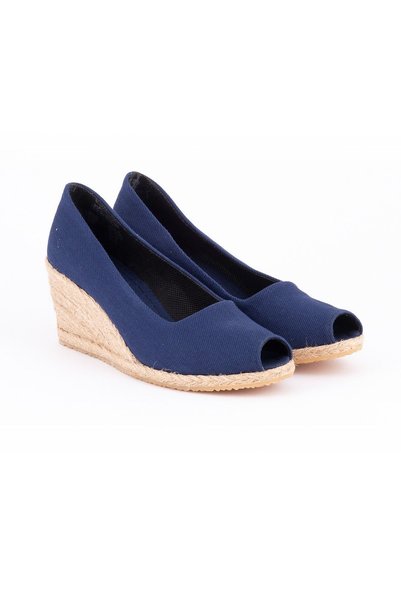 Star Tombis Authentic Handmade Open Toe Wedge Heel Heel Navy Linen Woven Shoes