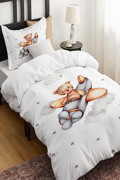 Else Dekor Cute Teddy Bear with Airplane Animal Patterned Single Children's Duvet Cover Set Without Sheets