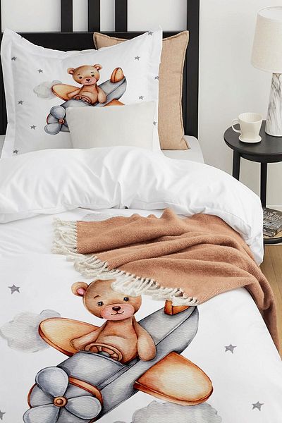 Else Dekor Cute Teddy Bear with Airplane Animal Patterned Single Children's Duvet Cover Set Without Sheets