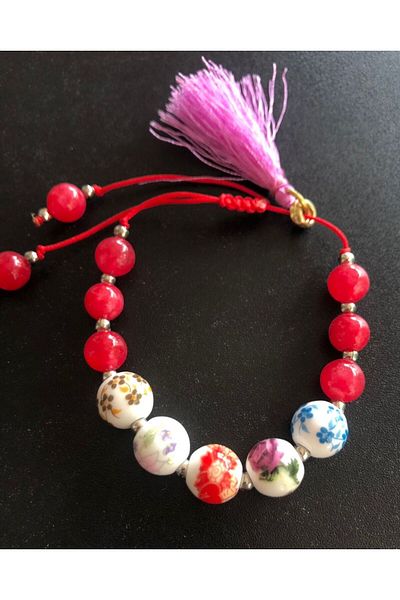 PİRAMİGO Ethnic Chinese Patterned Porcelain and Rose Quartz Bracelet