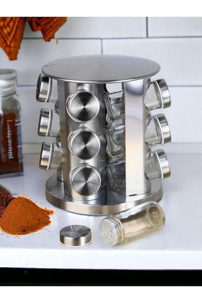 Sezka Life 360 Degree Rotating 12-Piece Glass Spice Rack Set with Metal Stand