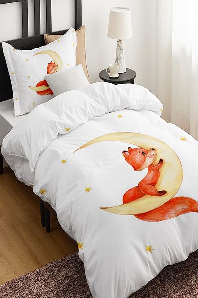 Else Dekor Moon-Sitting Fox Patterned Single Children's Duvet Cover Set Without Sheets