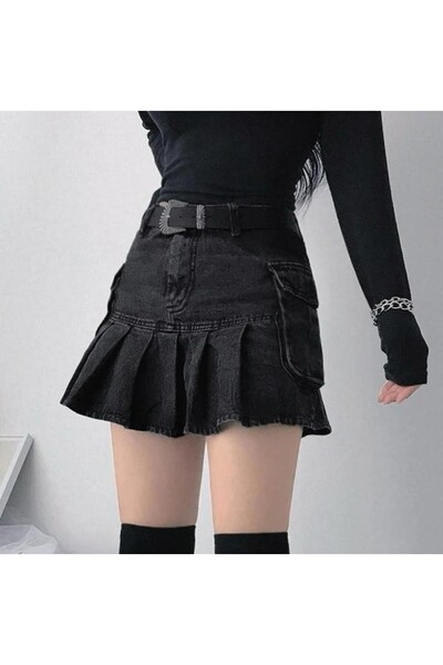 Karakedi Fusta neagră mini denim cu buzunar cargo