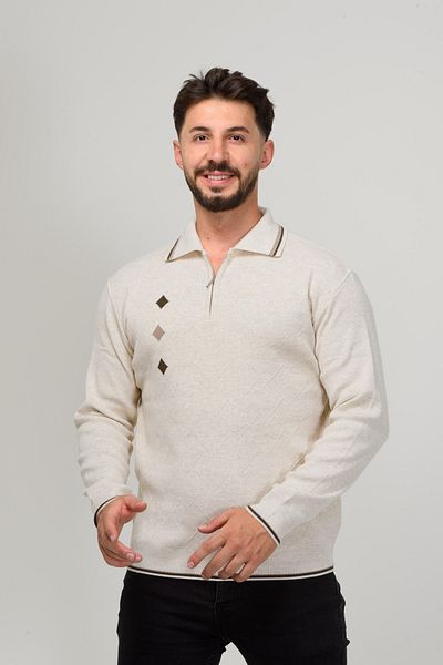 Kamalı Men's Polo Collar Zippered Premium Knitwear Sweater - Gofra Pattern, Non-Pilling
