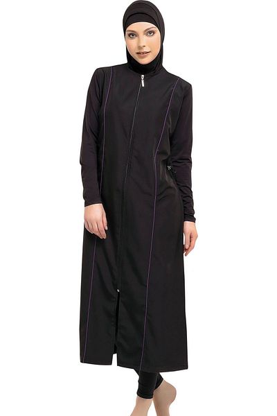 Argisa Women's Black Piped Long Full Covered Hijab Swimsuit