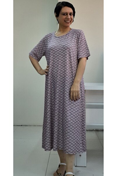 Mertcan Butik Φόρεμα με κοντό μανίκι από χτενισμένο βισκόζη με στάμπα Dusty Rose