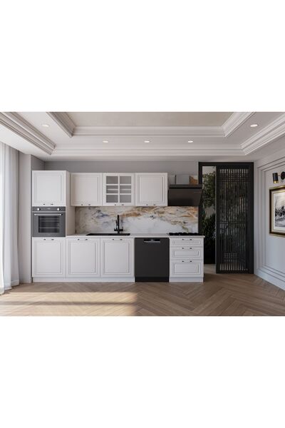 visasconcept 300 Cm Mdf Gövde Membran Kapak Üç Çekmeceli Yurdum Hazır Mutfak - Beyaz (TEZGAH DAHİL)