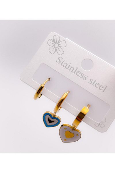 Trinos Steel Earrings Triple (3 Pieces) Earrings Colorful Heart Earrings Color Gold