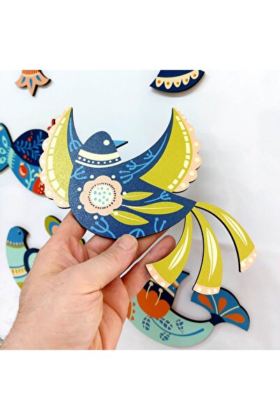 CajuArt Dekoratif 8 Parça Karışık Motifli Kuşlar Ahşap Duvar Tablo Duvar Dekoru