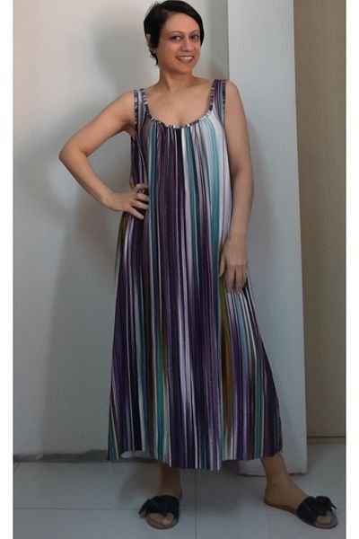 Mertcan Butik Front and back drawstring plum colored combed cotton viscose suspender dress