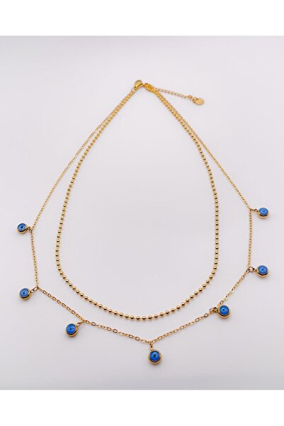 Trinos قلادة من الفولاذ بسلسلة مزدوجة وقلادة مطرزة بعين الشر