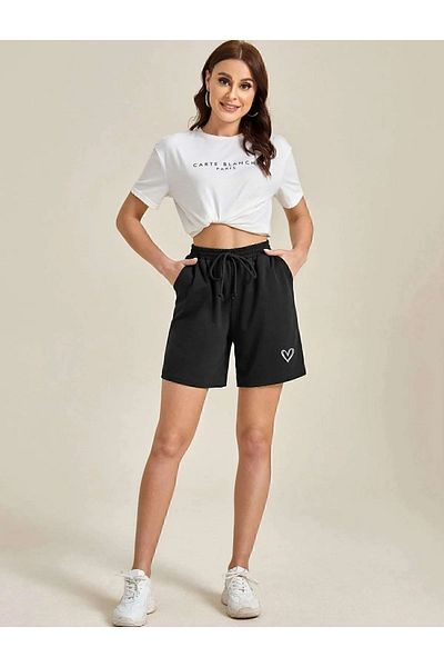 Boi Unisex μαύρο γκρι σορτς με ψηλή μέση τσέπη - Χαλαρή χαλαρή εκτύπωση με ελάχιστη καρδιά
