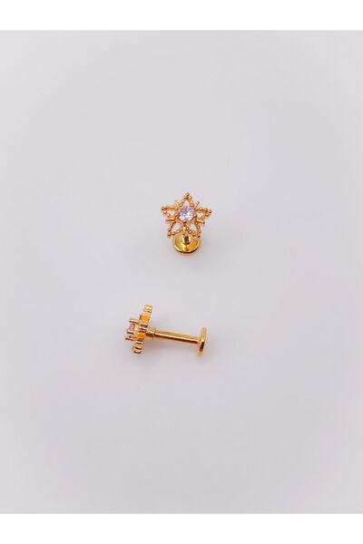 Trinos Cerrahi Çelik Piercing Zirkon Taşlı Lotus Çiçeği Figürlü Kıkırdak Helix Tragus Piercing(1ADET)