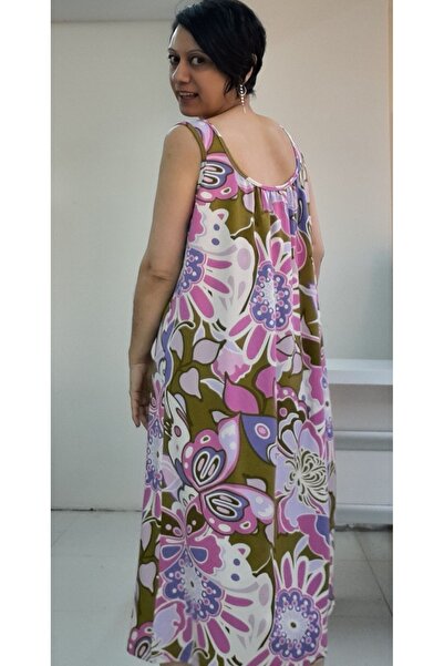 Mertcan Butik Pink patterned front and back drawstring combed cotton Viscose Dress