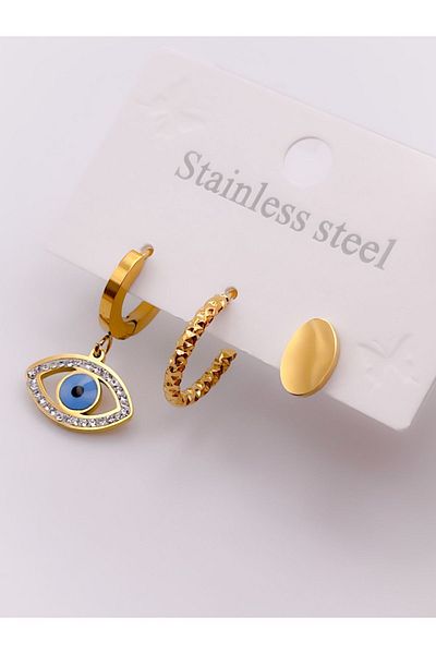 Trinos 3-Piece Steel Earrings - Eye Detailed and Jewelled Earring Set