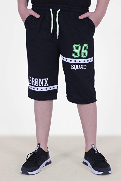 PANİO KİDS Phosphor Color Detailed 96-Bronx Text Printed Boy's Double Pocket Black Capri