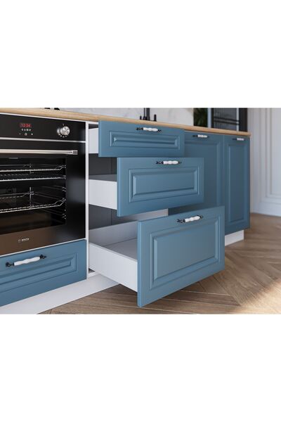 visasconcept 300 Cm Mdf Gövde Membran Kapak Üç Çekmeceli Tanem Hazır Mutfak - Mavi - Beyaz (TEZGAH DAHİL)
