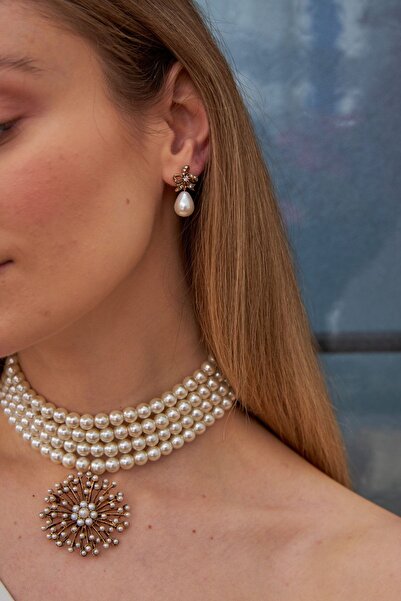 Nocbu Brand Kristal Taşlı Fiyonk Mayorka Incili Küpe