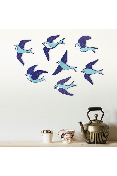 CajuArt Decorative 7 Piece Turquoise Blue Flying Birds Wooden Wall Painting Wall Decor