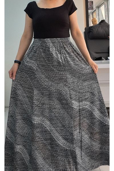 Mertcan Butik Smoke Black Patterned 6-Piece Viscose Skirt with Elastic Waist